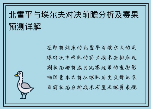 北雪平与埃尔夫对决前瞻分析及赛果预测详解